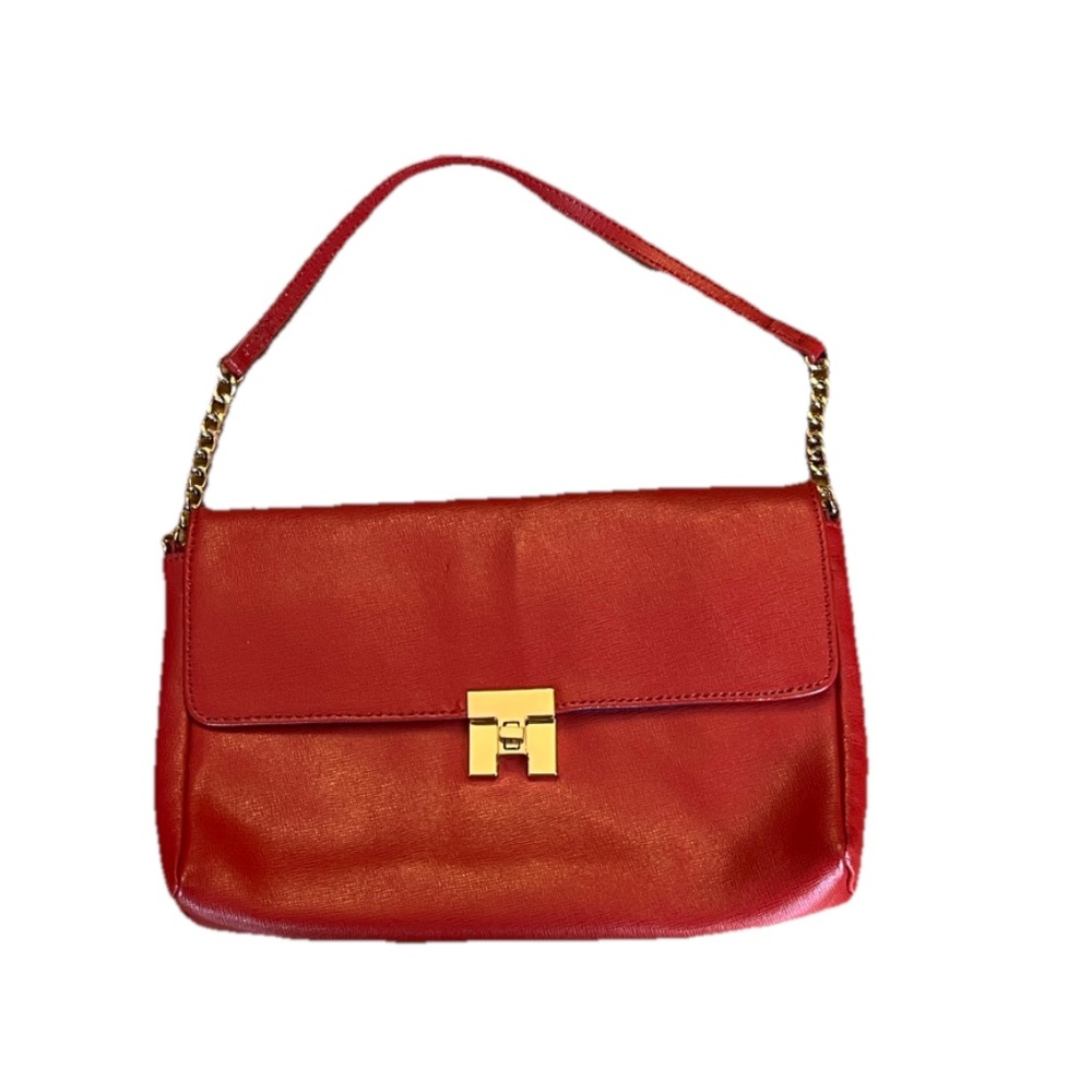 Tommy Hilfiger Red Leather Handbag with gold accents. Classic, Americana, luxury